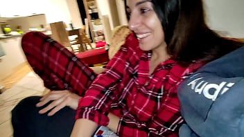 Play Wife in pajamas fucks a friend in silence while her husband is in the room