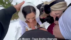 Play Two Dirty Blonde & Brunette Friends Suck Cocks in the Snow and End Up With Cum-Faced